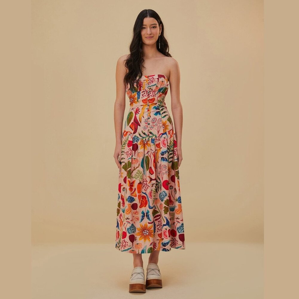 Farm Rio Beige Bright Farm Lenzing Ecovero Euroflax Maxi Floral Fruit Dress